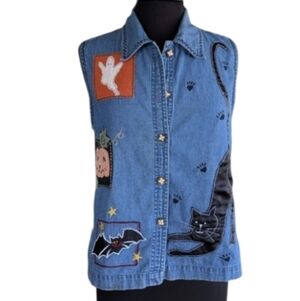 Vintage Blue Denim Tank Top Karen Hart M Halloween Patch Sleeveless Button Up